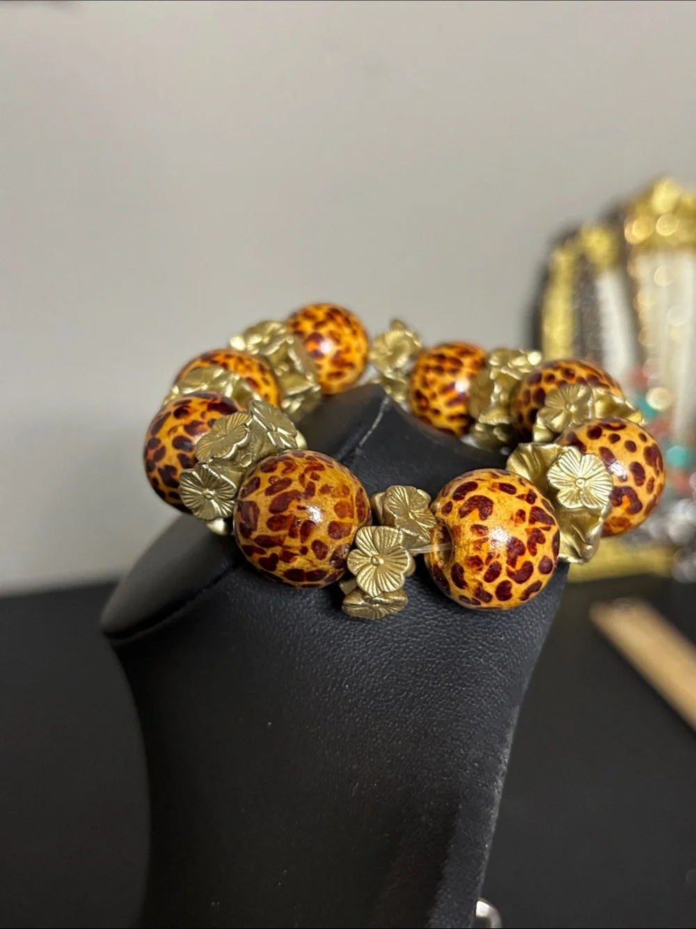 Gold Floral & Leopard Bead Stretch Statement Bracelet - Women Jewelry Boho
